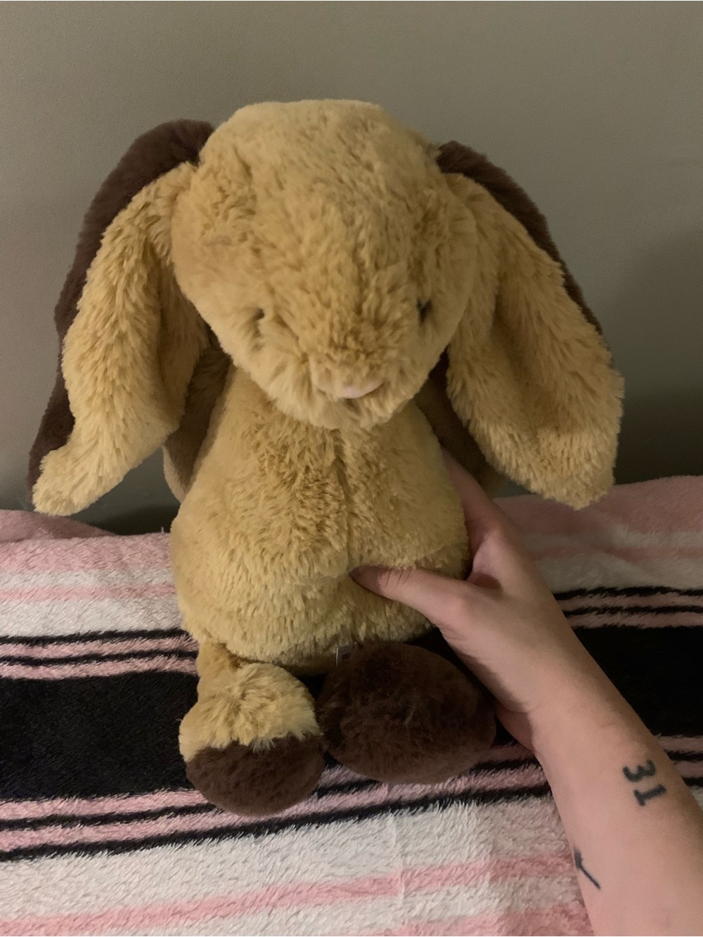 Plush Small Pet Bunny Toy - Tan and Brown JELLYCAT bashful patchwork bunny